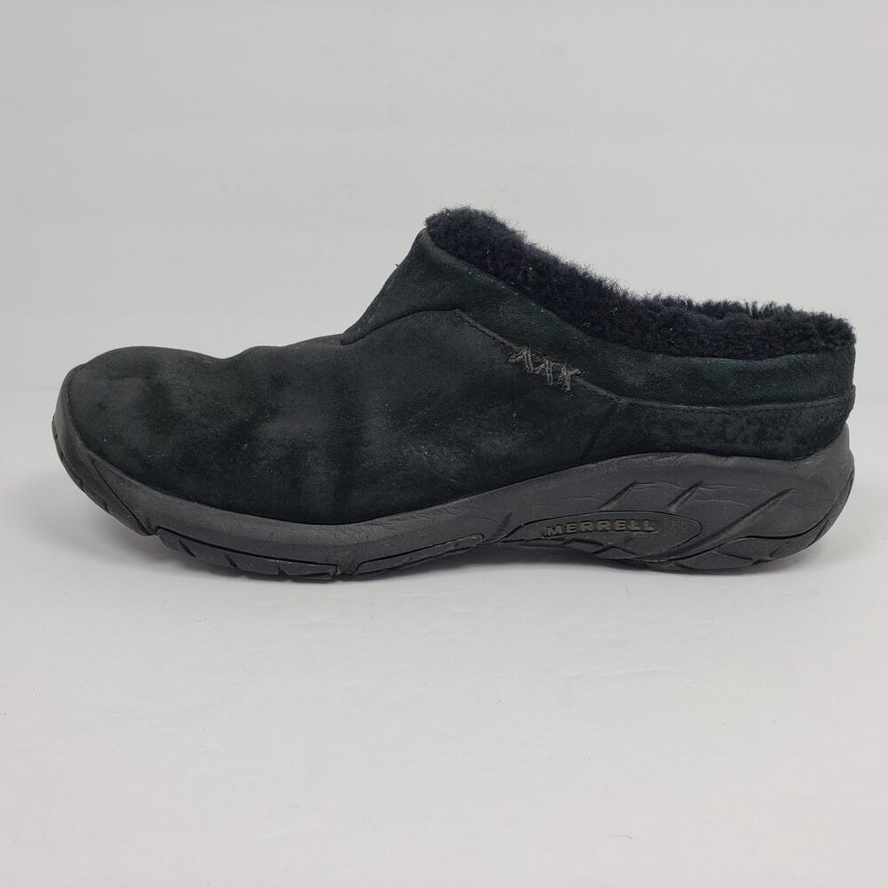 Merrell Encore Q2 Ice Womens Sz 9 Black Leather Slip On Faux Fur Mule Clog Shoes - Picture 3 of 11